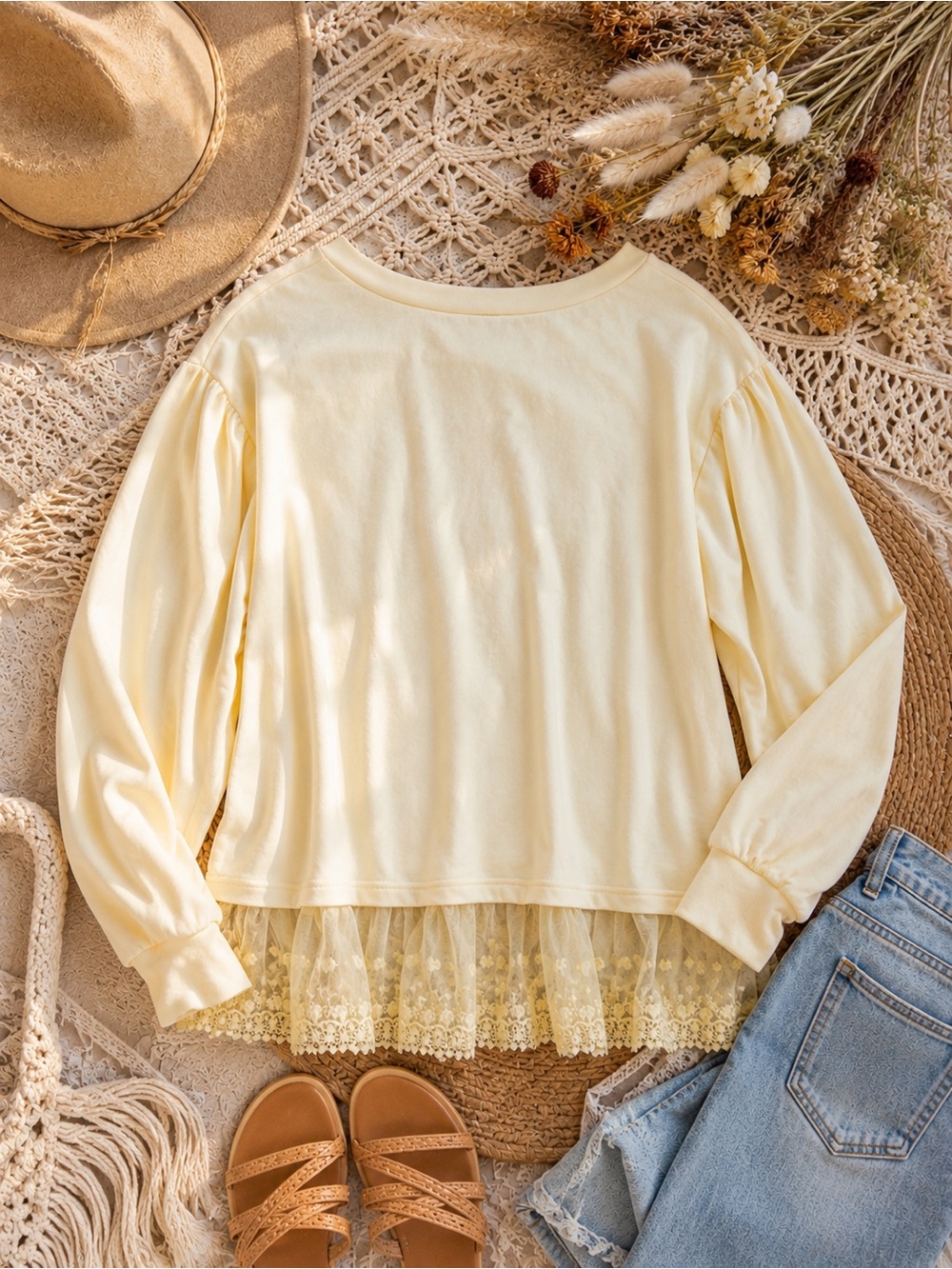 New Easel Butter Yellow Boho Puff Sleeve Sweatshirt – Lace Hem Detail | One Size